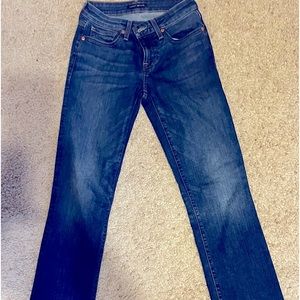 Lucky straight leg low rise jean with unhemmed bottoms.  Worn 2 times.